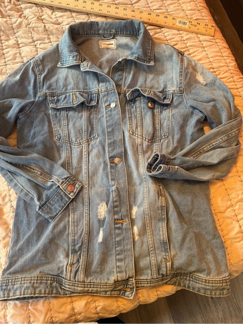 0014 Light Wash Distressed Denim Jacket - Women's Oversized Jean Coat - Picture 2 of 4